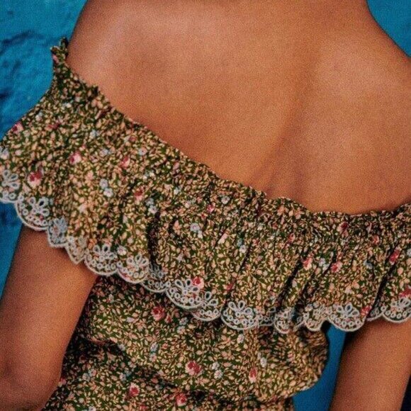 Sézane Kiwi Jumpsuit Romper Dress Floral Eyelet Embroidered Ruffle S-36 278086 - Picture 4 of 9